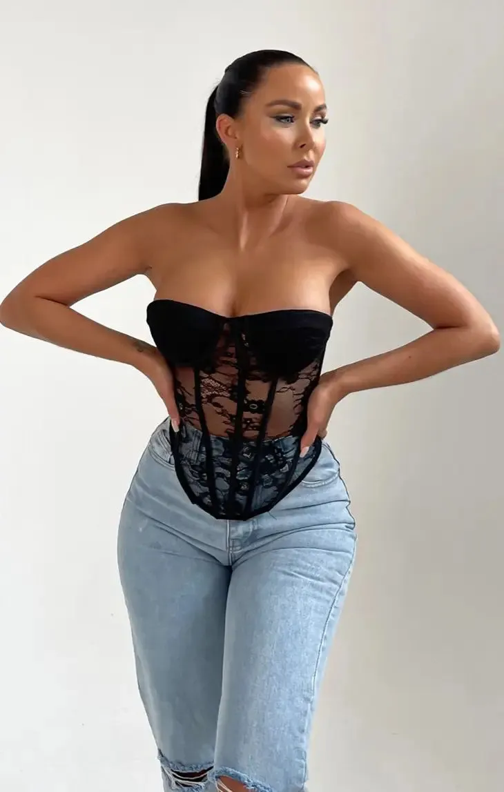 Black Strapless Lace Corset Style Top - Rey