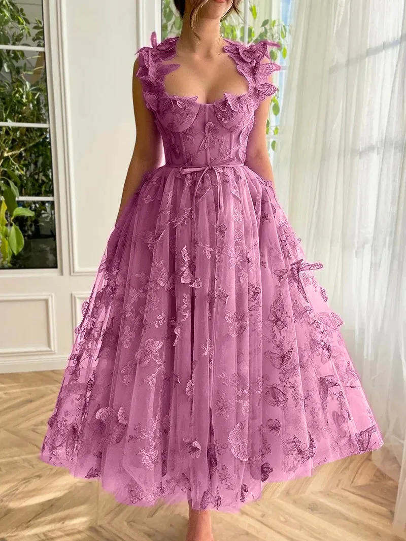 Candy Pink A-line Butterfly Lace Lilac Corset Prom Dress with Slit