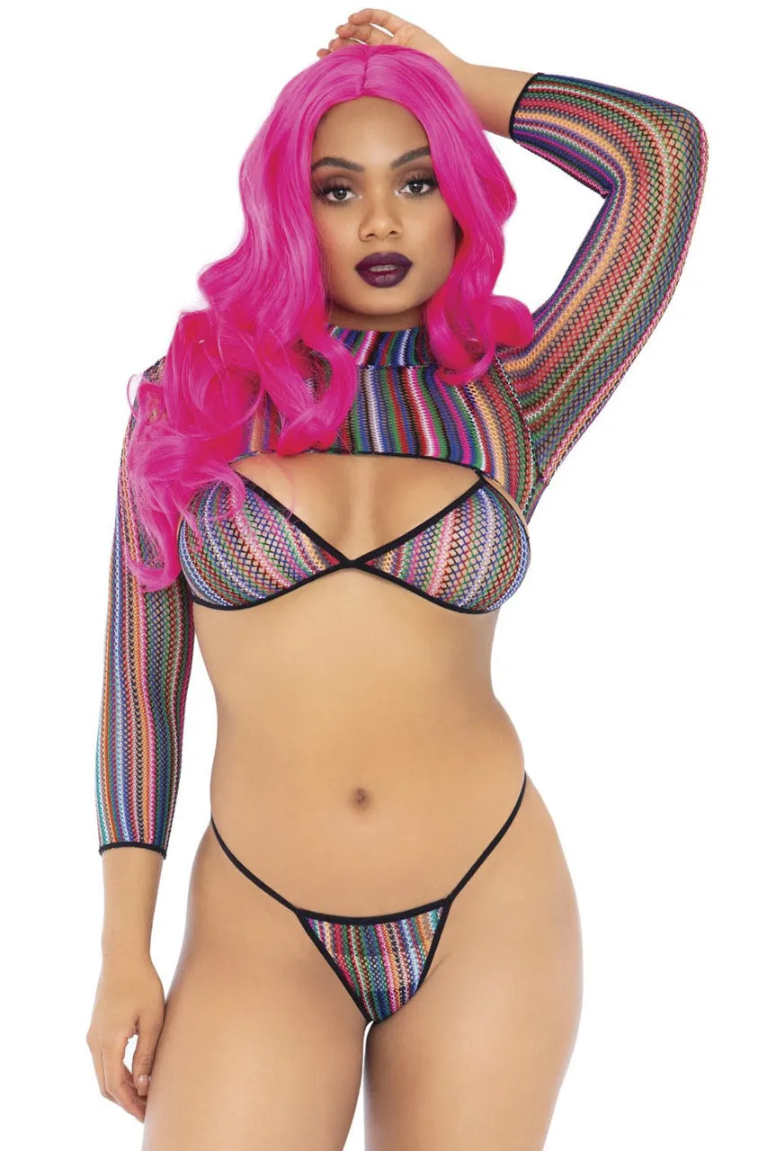 Colorful Fishnet Bikini and Crop Top Set