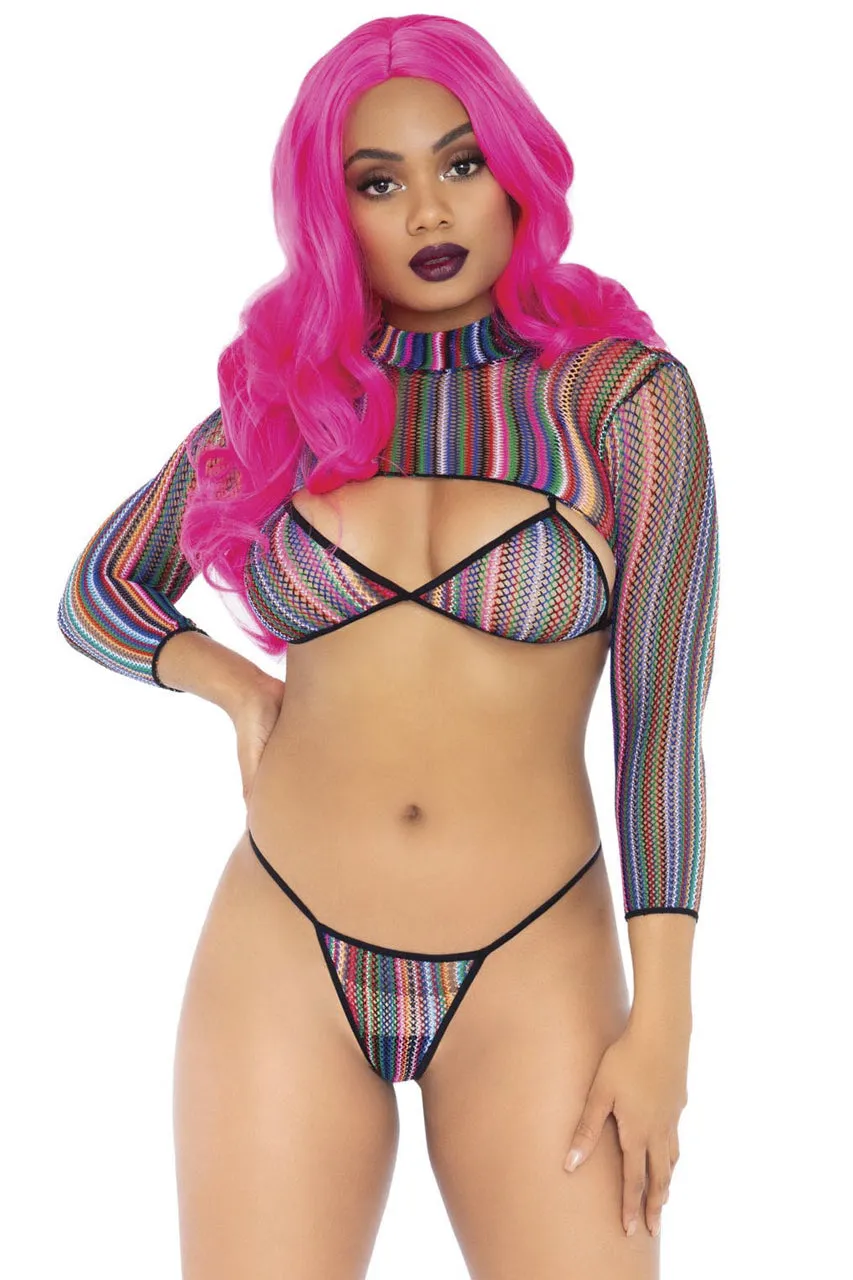 Colorful Fishnet Bikini and Crop Top Set