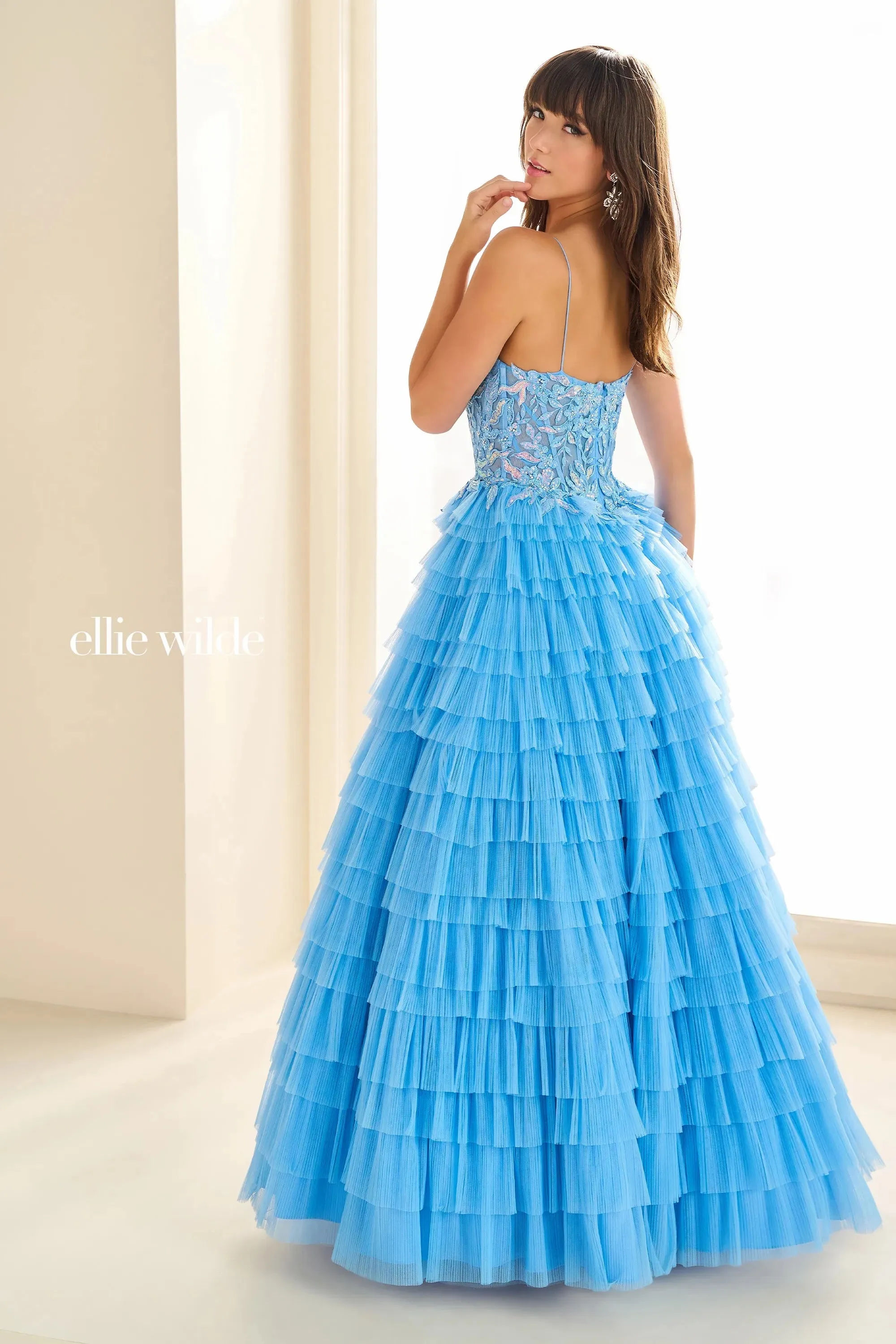 Ellie Wilde EW36086 Size 6 Lilac Long Sheer Sequin Lace Corset Prom Dress Layer A Line Slit Ball Gown