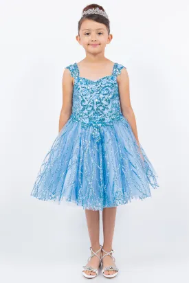 Girls Blue Embroidered Lace Applique Long Strapless Sheer Corset Ombre Flower Girl Dress 2-16