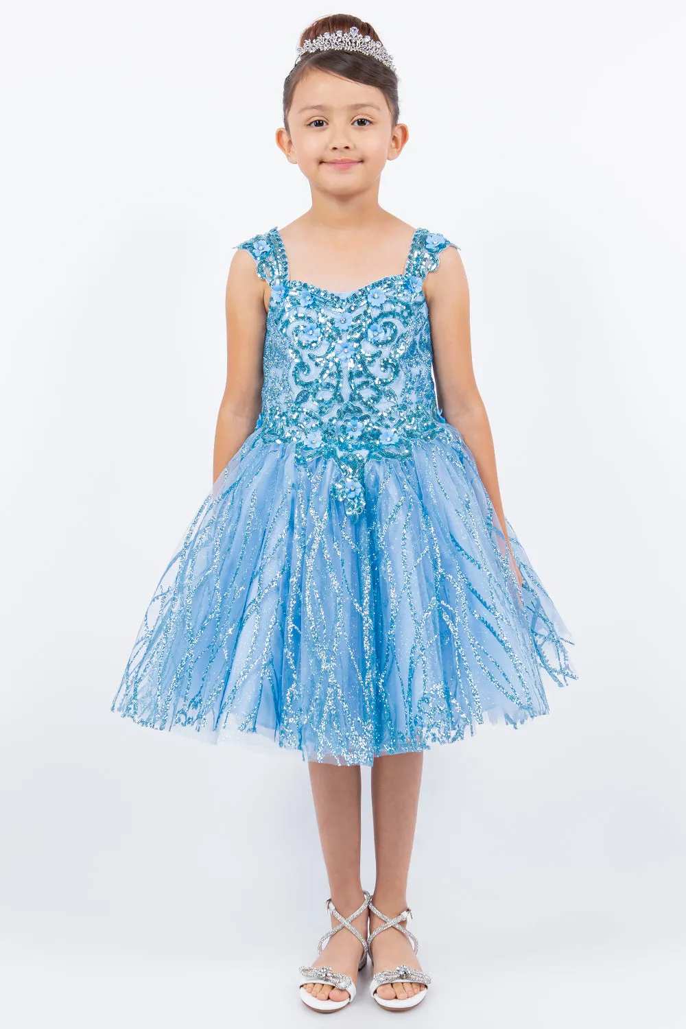 Girls Blue Embroidered Lace Applique Long Strapless Sheer Corset Ombre Flower Girl Dress 2-16