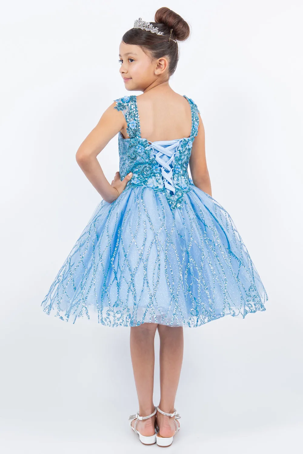 Girls Blue Embroidered Lace Applique Long Strapless Sheer Corset Ombre Flower Girl Dress 2-16