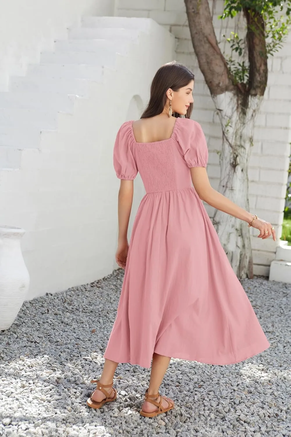 GRACE KARIN 2024 Women's Summer V Neck Smocked Cotton Dresses Short Puff Sleeve Flowy A Line Maxi Dress with Pockets