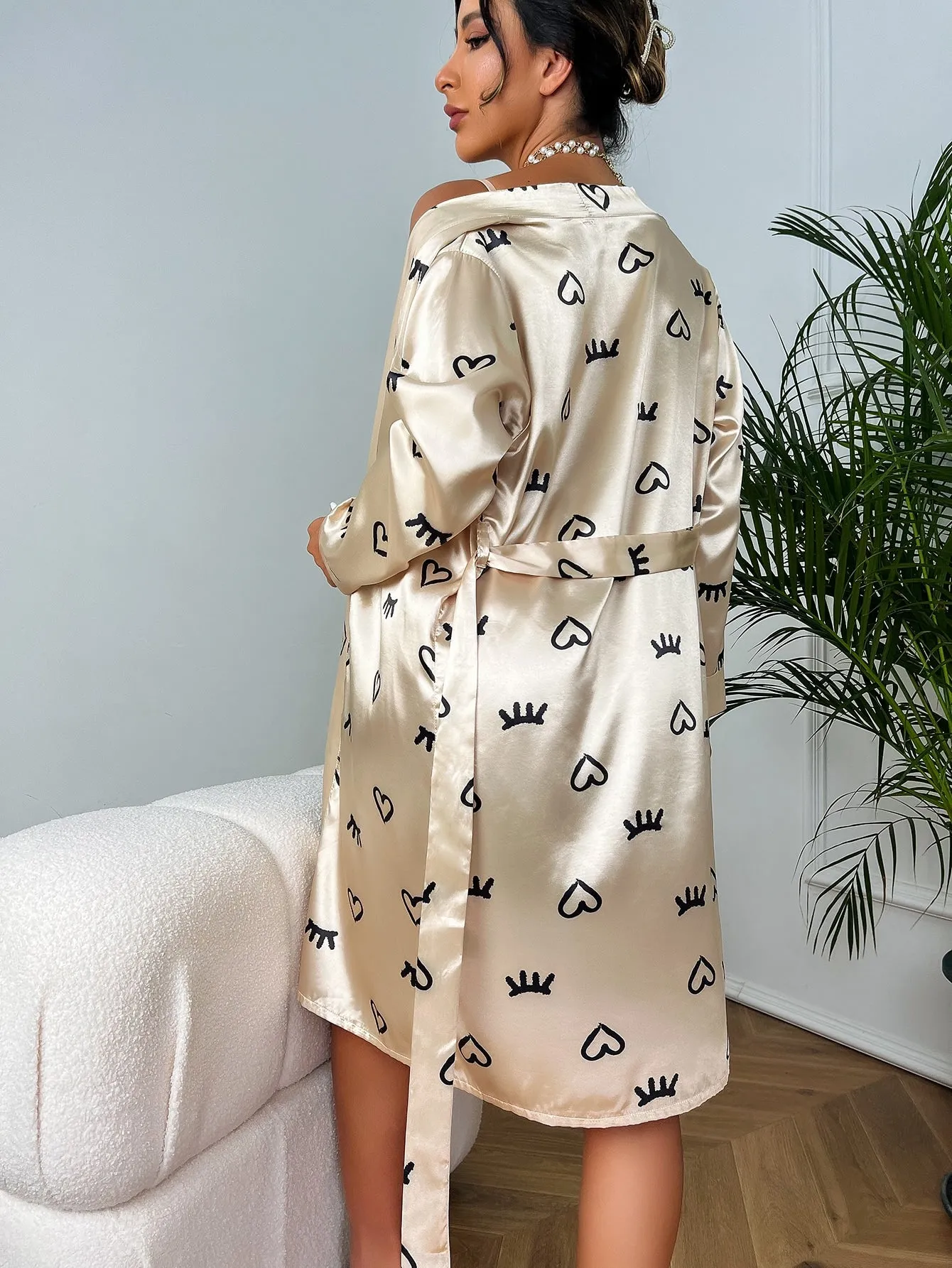 Heart Print Belted Long Sleeve Satin Robe