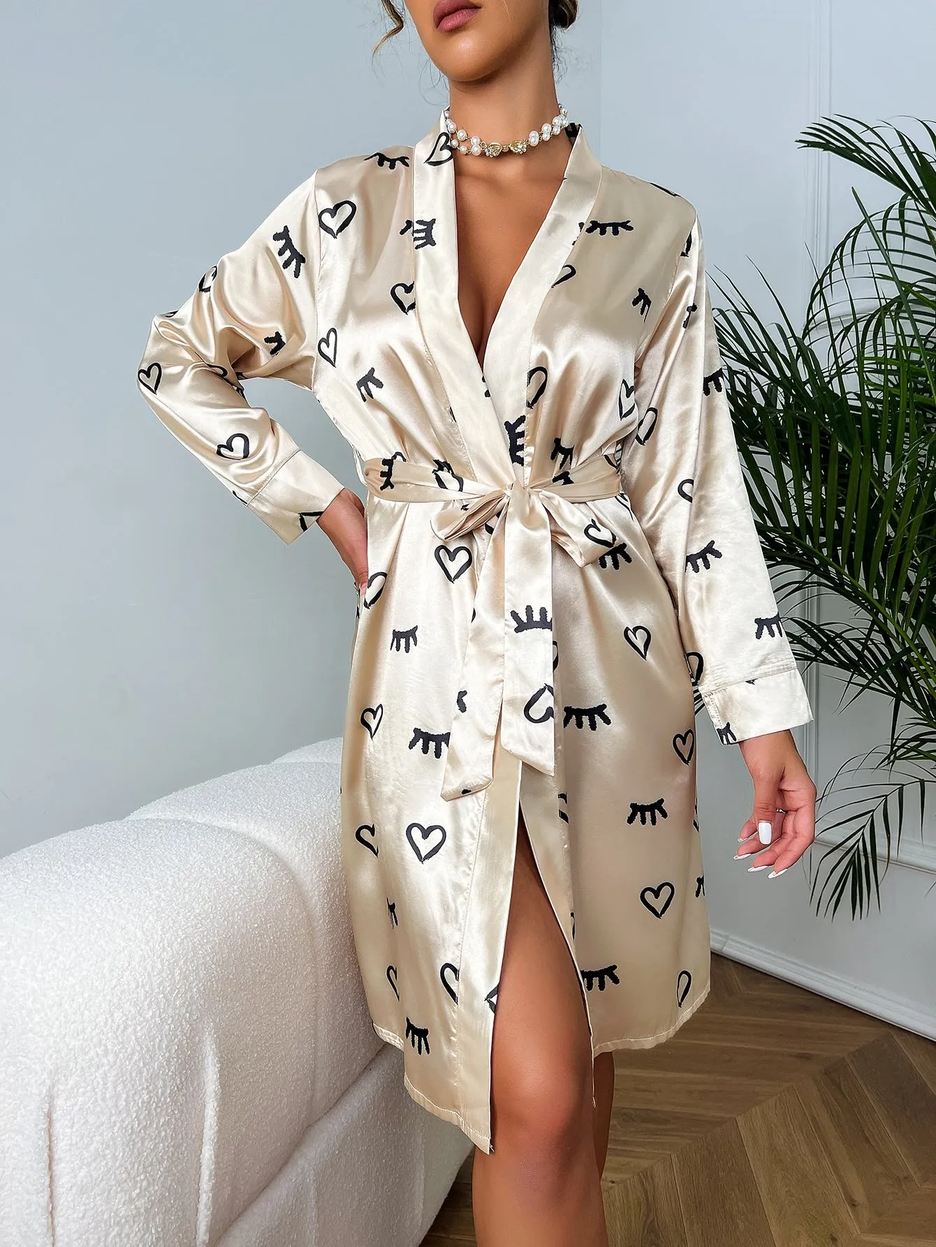 Heart Print Belted Long Sleeve Satin Robe