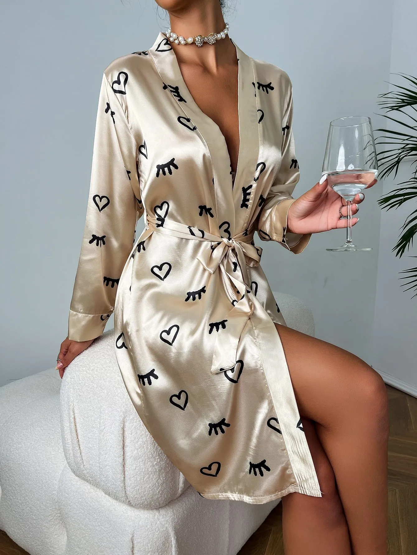 Heart Print Belted Long Sleeve Satin Robe