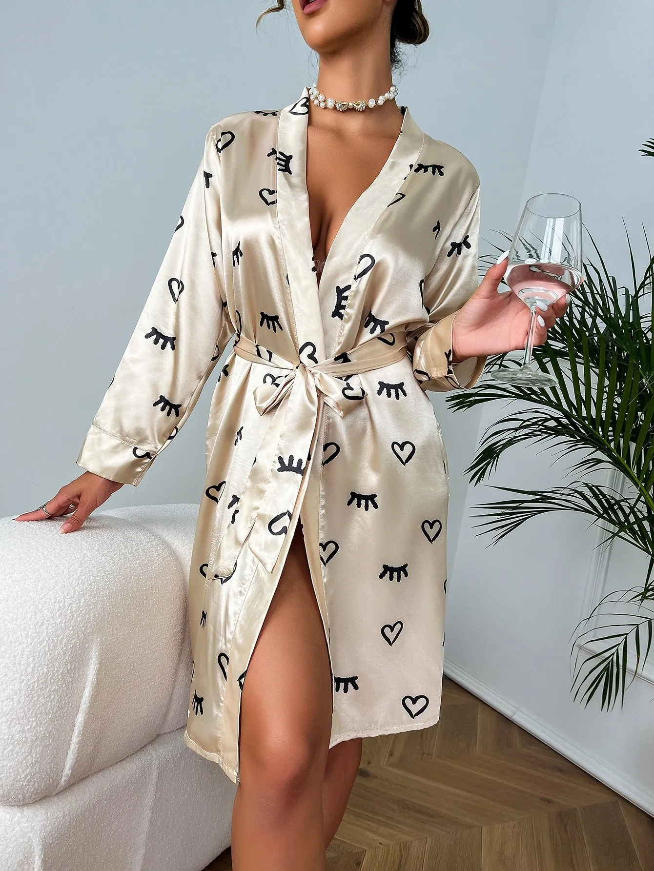 Heart Print Belted Long Sleeve Satin Robe