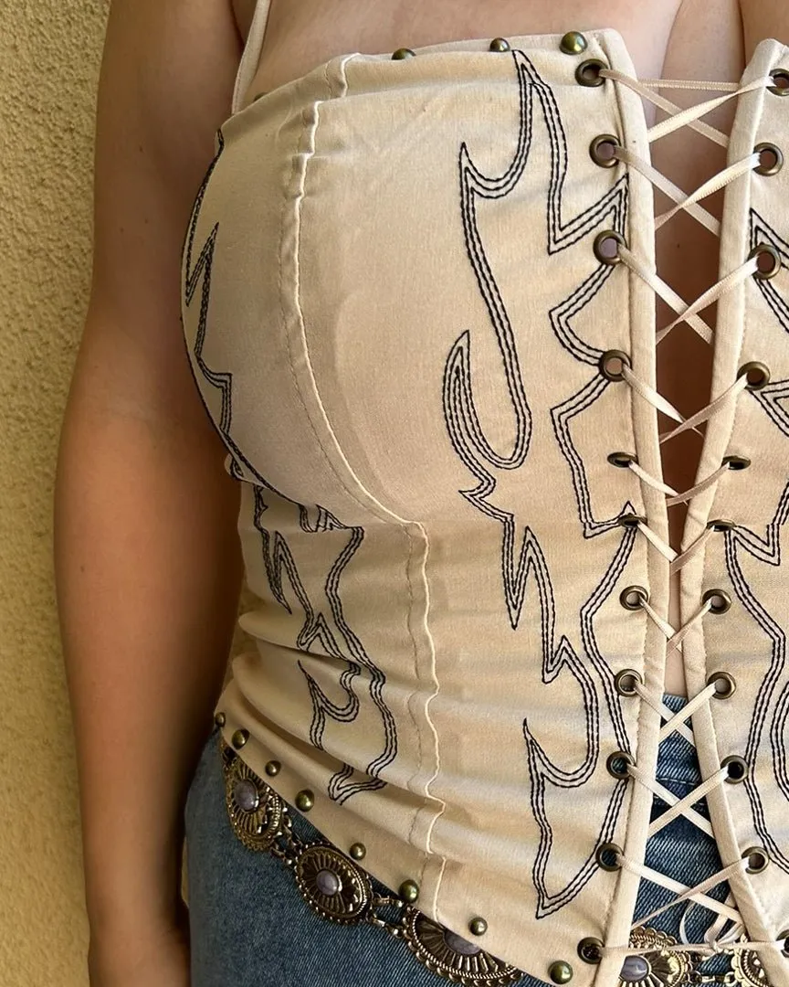 Janie Cream Woven Western Embroidered Studded Lace Front Corset Top