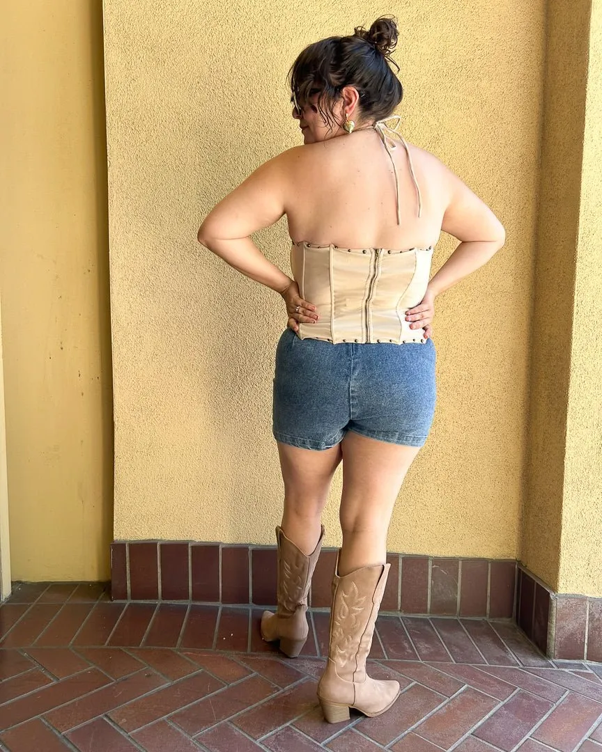 Janie Cream Woven Western Embroidered Studded Lace Front Corset Top