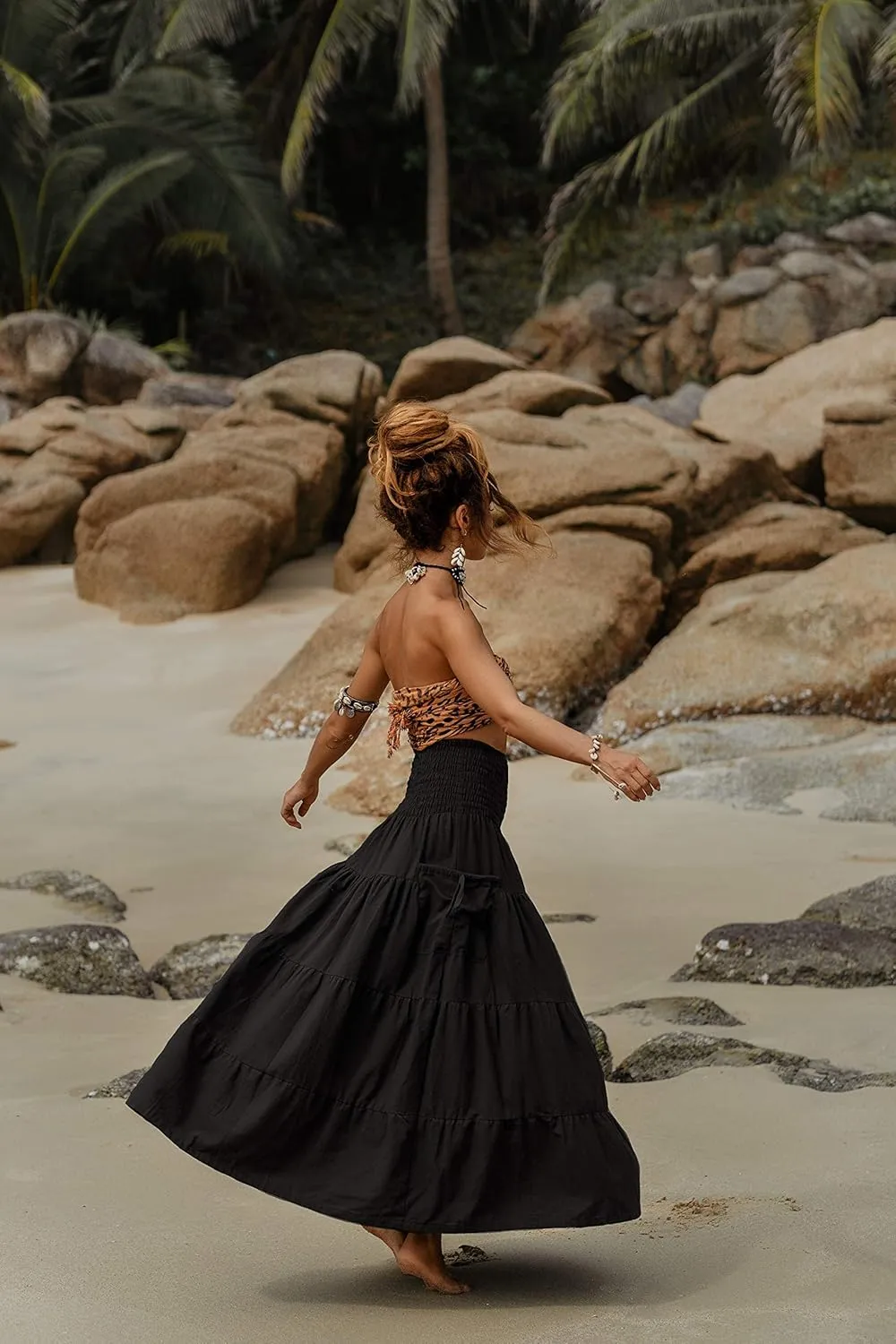 Maxi Boho Skirt Long Pockets Cotton Hippie Bohemian Elastic Waist Gypsy Skirt