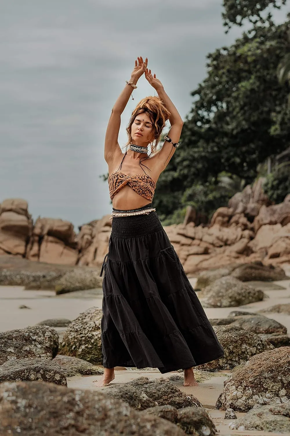 Maxi Boho Skirt Long Pockets Cotton Hippie Bohemian Elastic Waist Gypsy Skirt