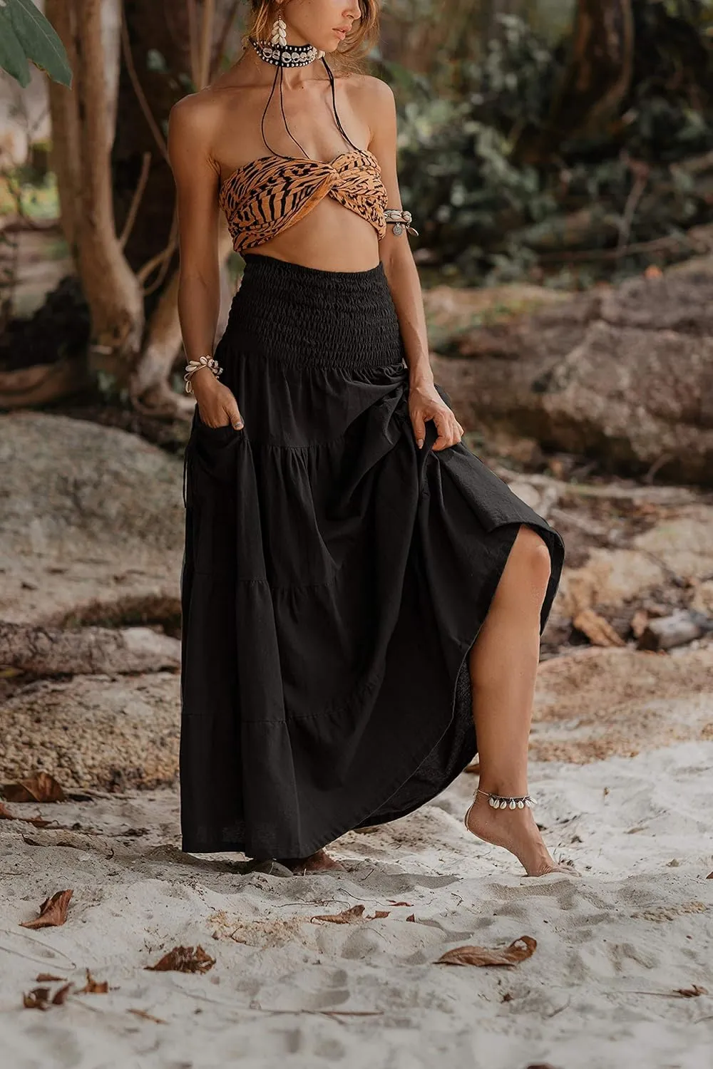 Maxi Boho Skirt Long Pockets Cotton Hippie Bohemian Elastic Waist Gypsy Skirt