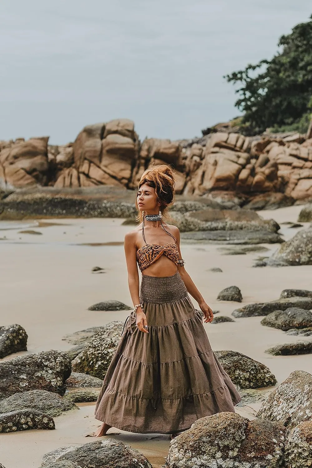 Maxi Boho Skirt Long Pockets Cotton Hippie Bohemian Elastic Waist Gypsy Skirt