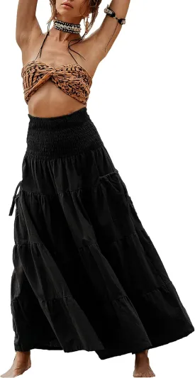Maxi Boho Skirt Long Pockets Cotton Hippie Bohemian Elastic Waist Gypsy Skirt