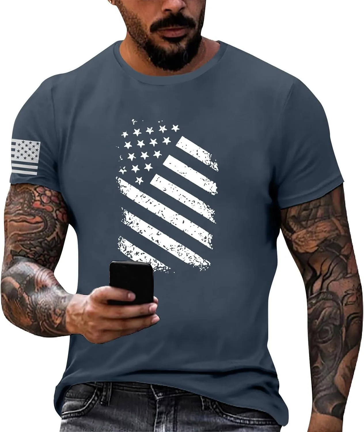 Men's American Flag Shirt Sleeve 1776 USA Graphic Dry Fit Cotton Comfortable T-Shirts 4th of July Shirt