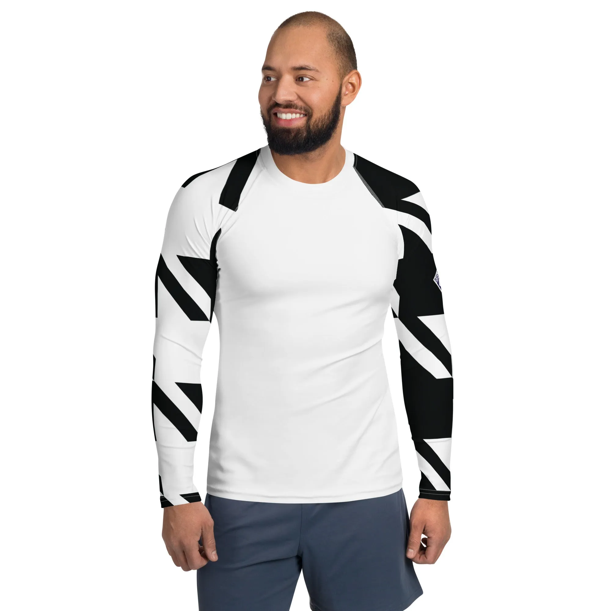 Mens Long Sleeve BJJ Rash Guard - Houndstooth 001 Blanc