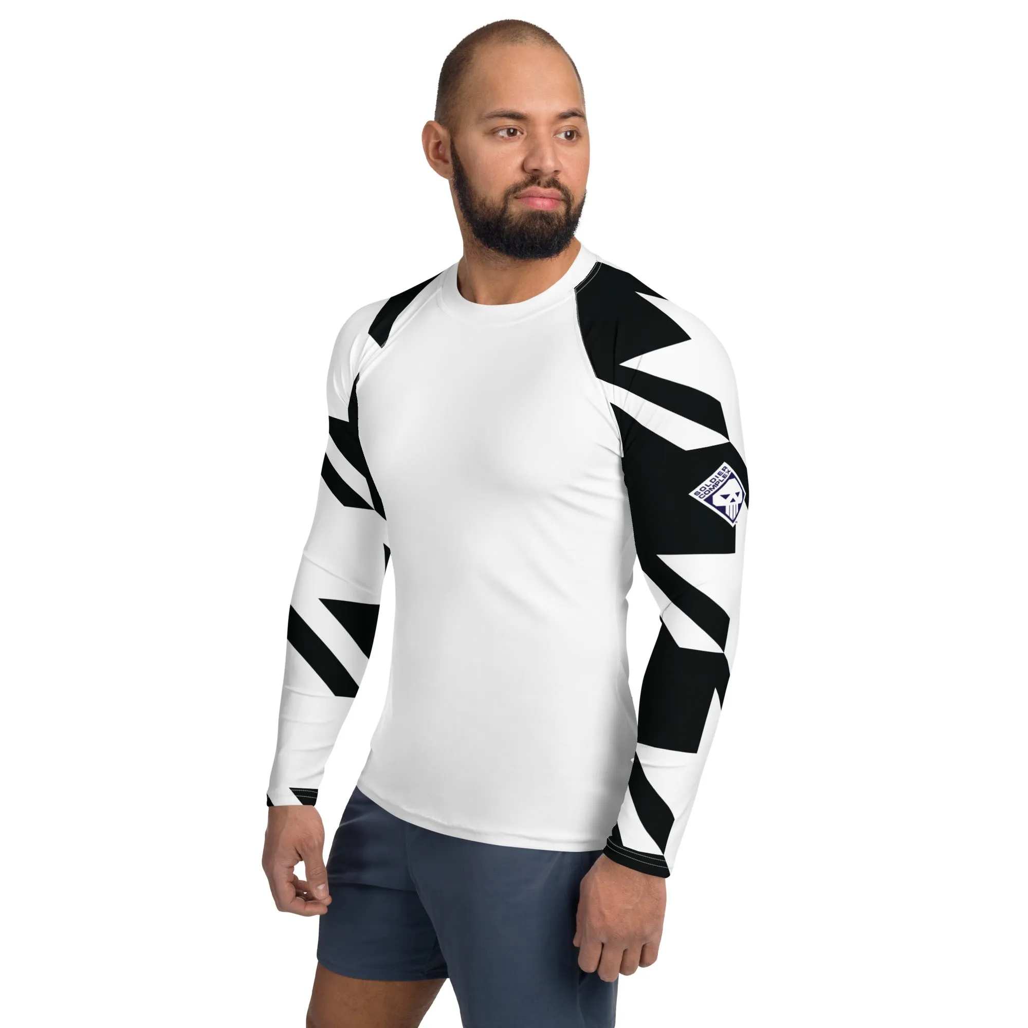 Mens Long Sleeve BJJ Rash Guard - Houndstooth 001 Blanc