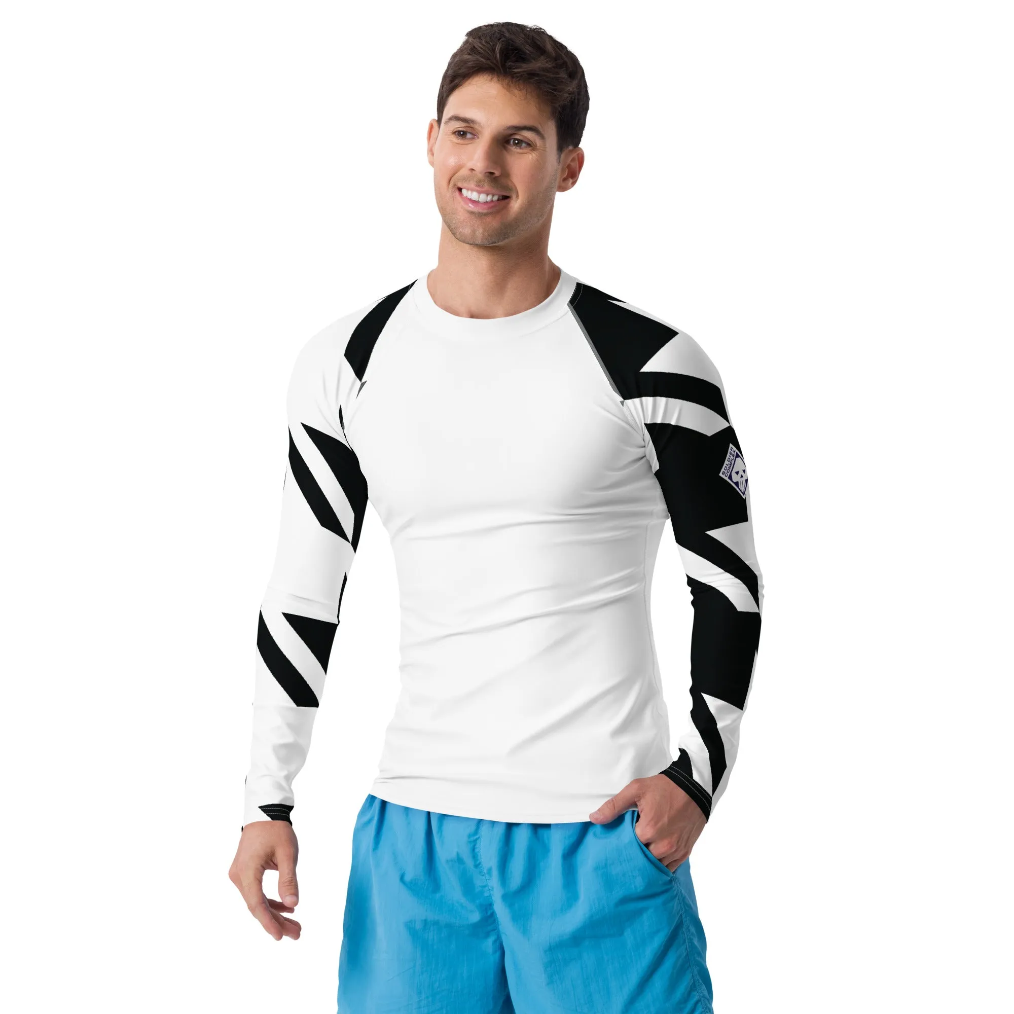Mens Long Sleeve BJJ Rash Guard - Houndstooth 001 Blanc