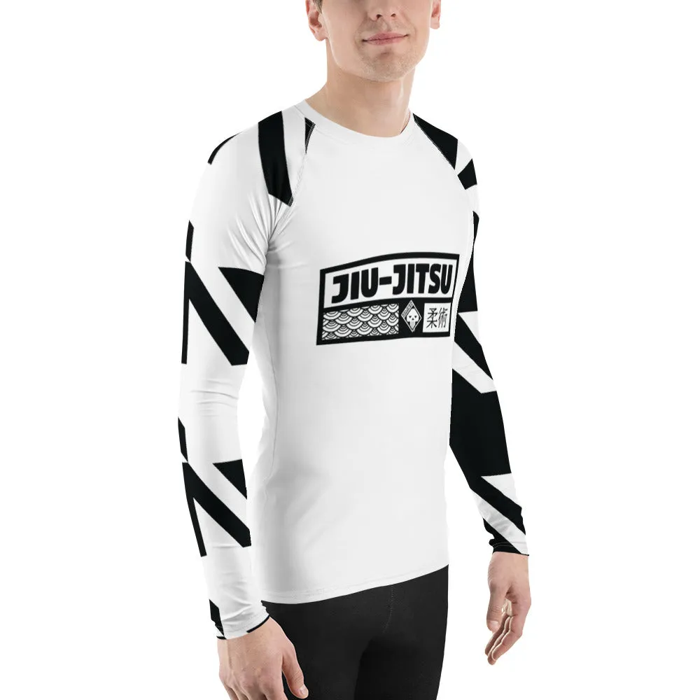 Mens Long Sleeve BJJ Rash Guard - Jiu-Jitsu 023 - Houndstooth 001 Blanc