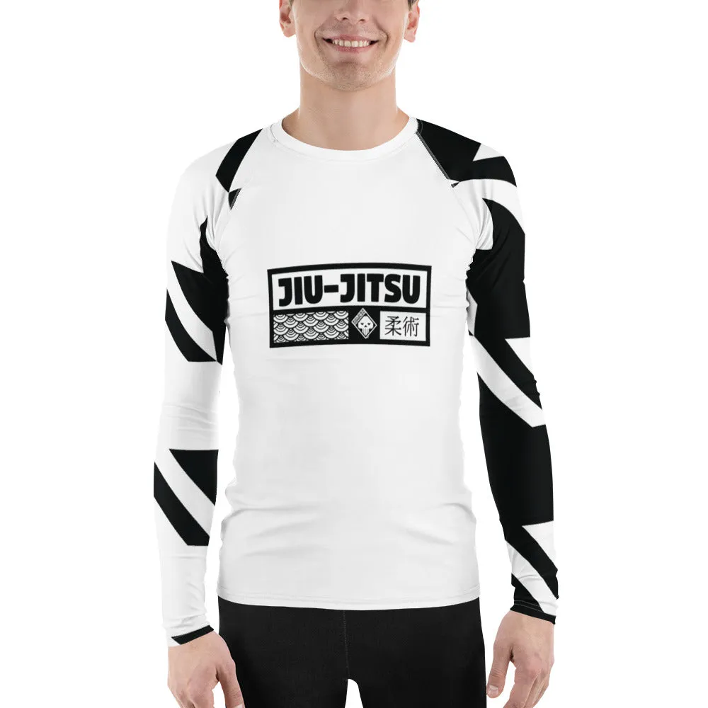 Mens Long Sleeve BJJ Rash Guard - Jiu-Jitsu 023 - Houndstooth 001 Blanc