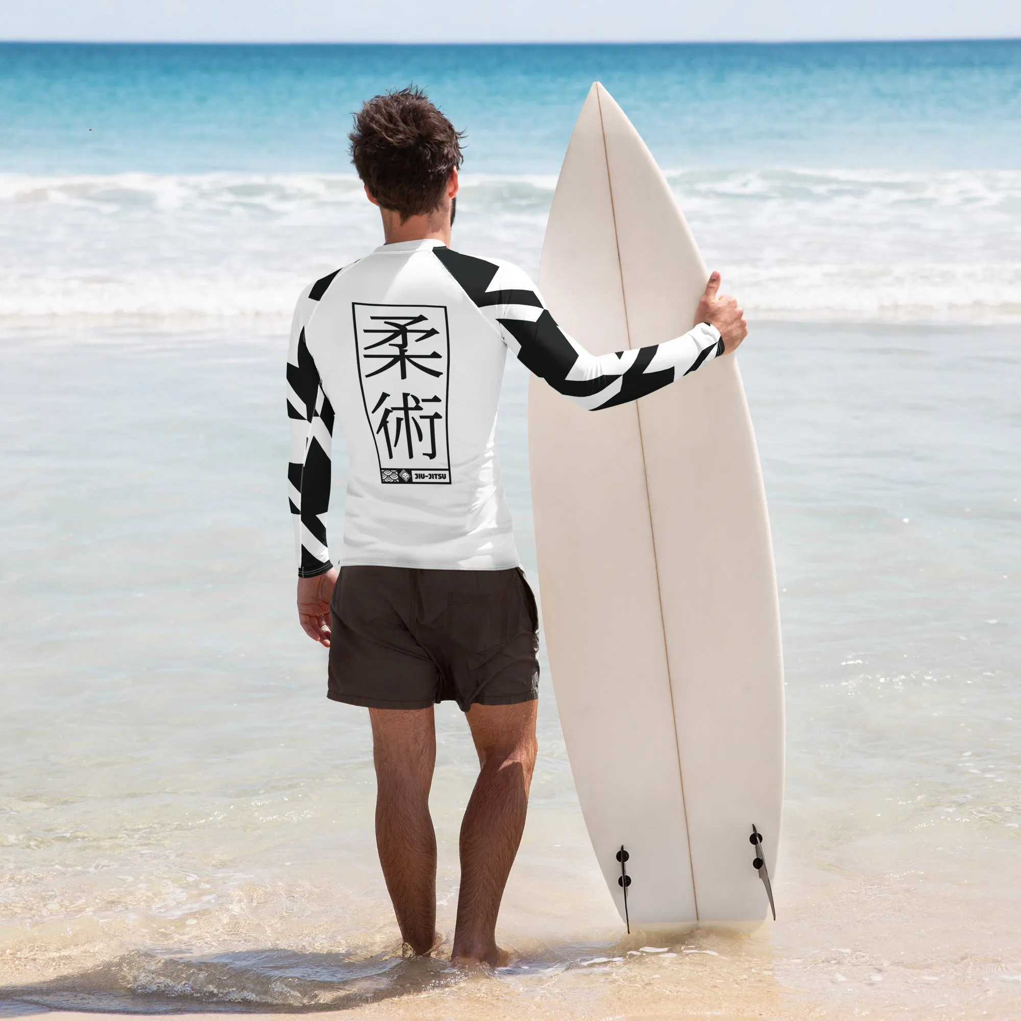 Mens Long Sleeve BJJ Rash Guard - Jiu-Jitsu 023 - Houndstooth 001 Blanc
