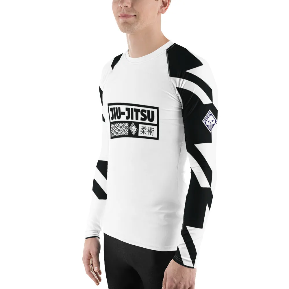 Mens Long Sleeve BJJ Rash Guard - Jiu-Jitsu 023 - Houndstooth 001 Blanc