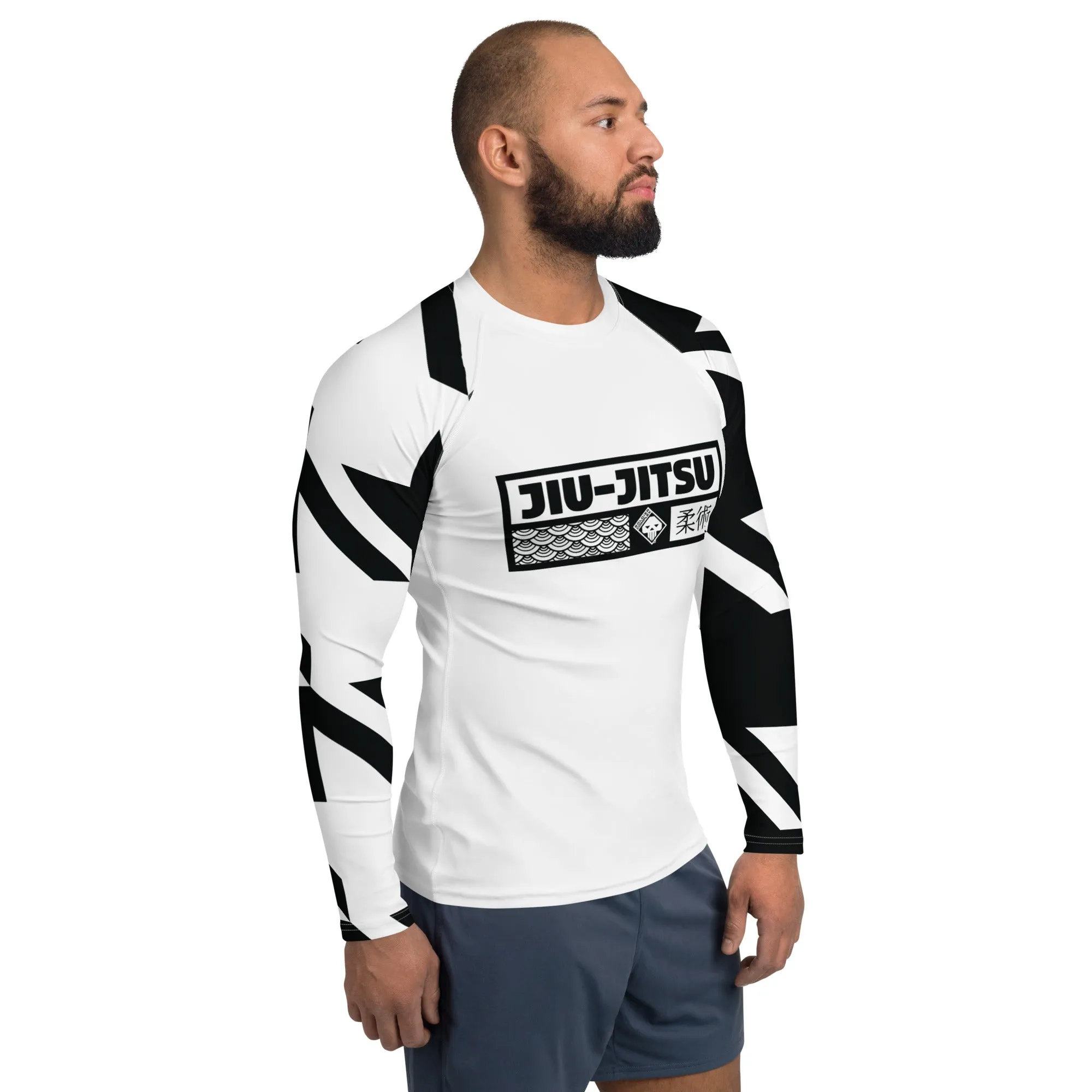 Mens Long Sleeve BJJ Rash Guard - Jiu-Jitsu 023 - Houndstooth 001 Blanc