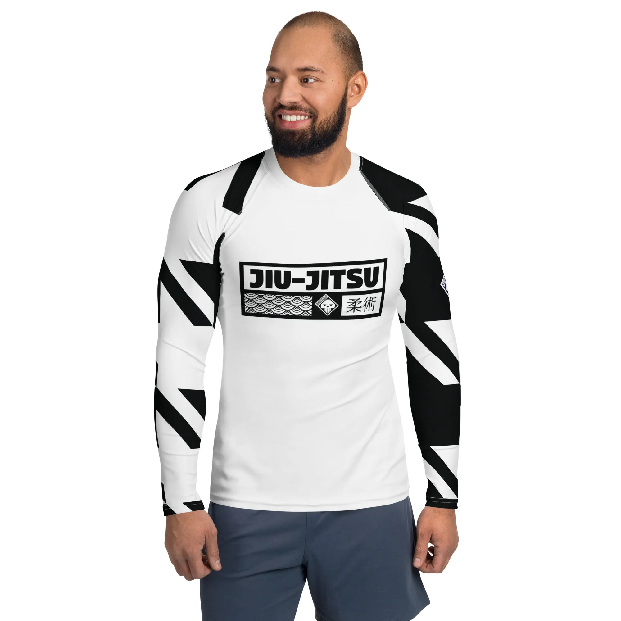 Mens Long Sleeve BJJ Rash Guard - Jiu-Jitsu 023 - Houndstooth 001 Blanc