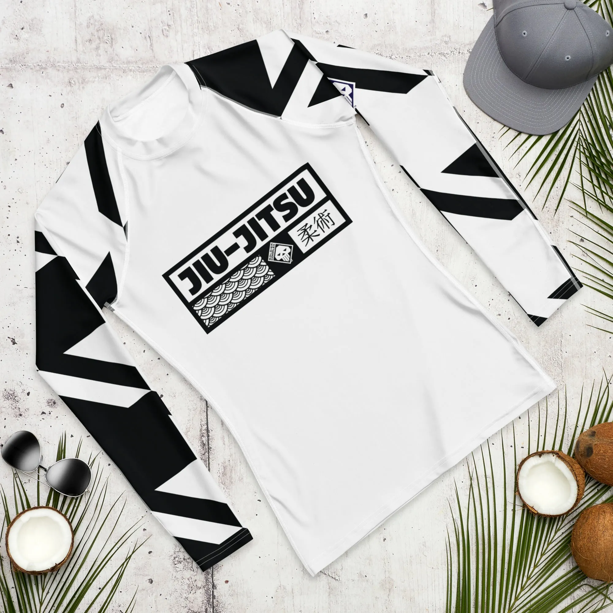 Mens Long Sleeve BJJ Rash Guard - Jiu-Jitsu 023 - Houndstooth 001 Blanc