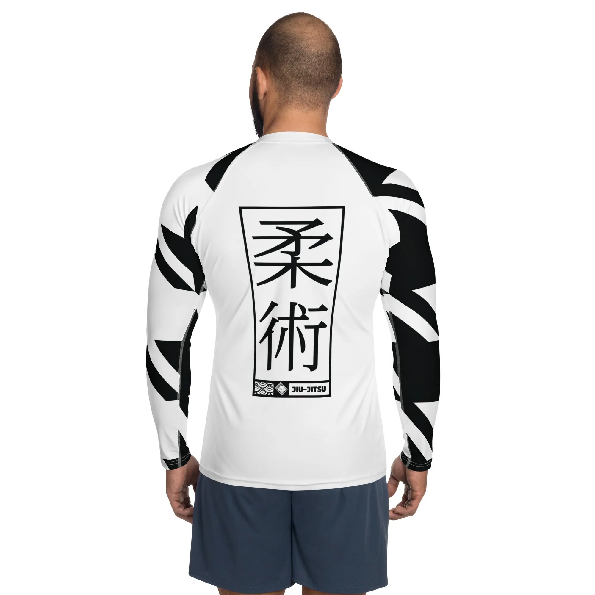 Mens Long Sleeve BJJ Rash Guard - Jiu-Jitsu 023 - Houndstooth 001 Blanc