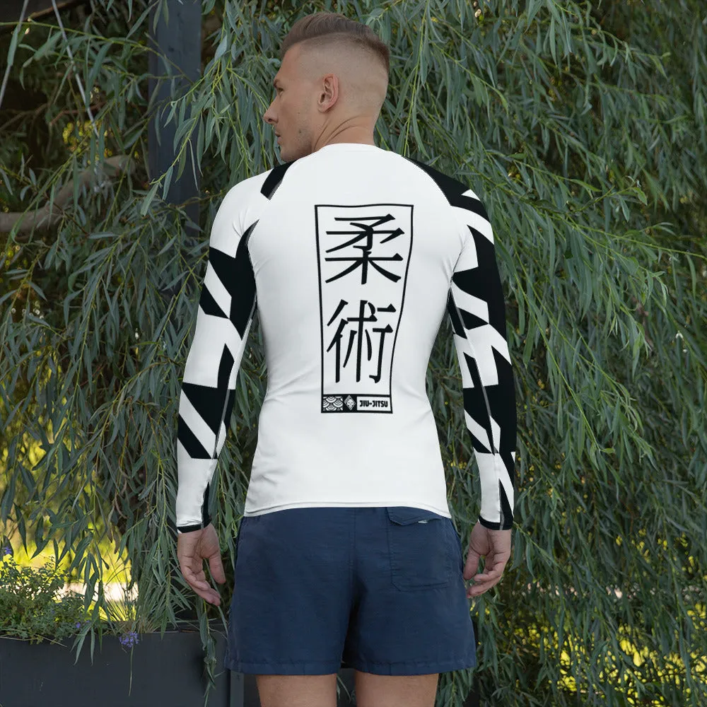 Mens Long Sleeve BJJ Rash Guard - Jiu-Jitsu 023 - Houndstooth 001 Blanc