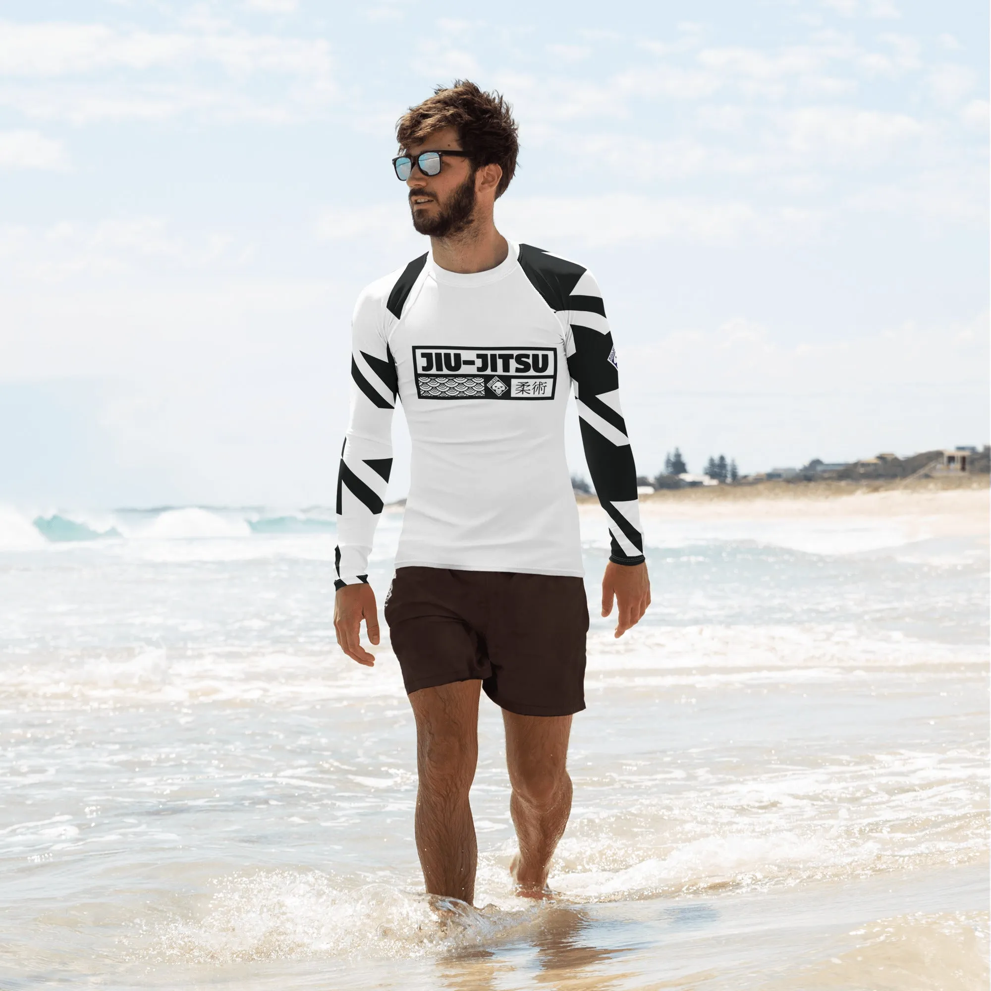 Mens Long Sleeve BJJ Rash Guard - Jiu-Jitsu 023 - Houndstooth 001 Blanc