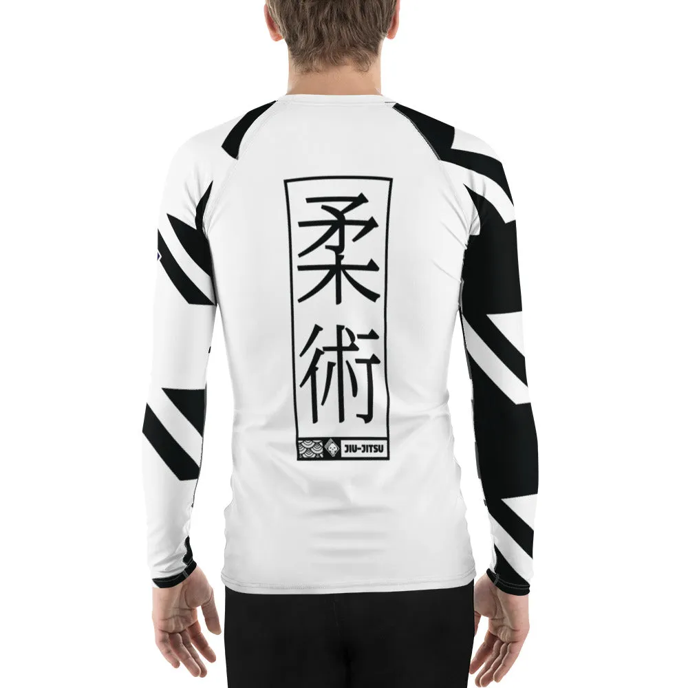 Mens Long Sleeve BJJ Rash Guard - Jiu-Jitsu 023 - Houndstooth 001 Blanc