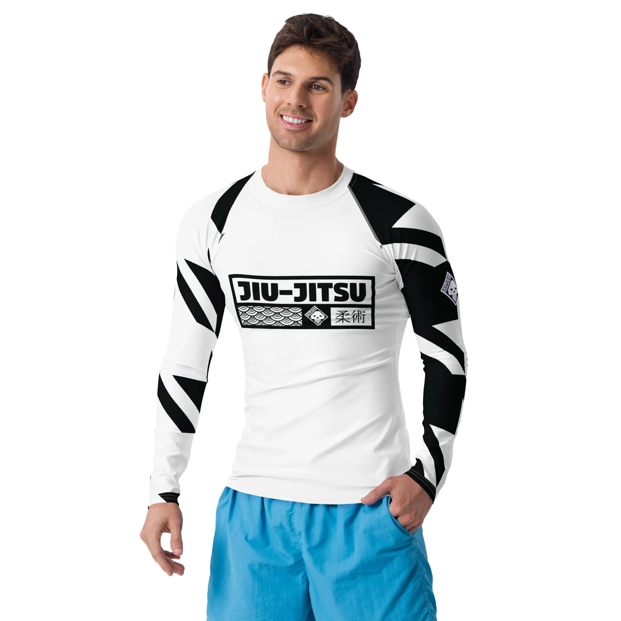 Mens Long Sleeve BJJ Rash Guard - Jiu-Jitsu 023 - Houndstooth 001 Blanc