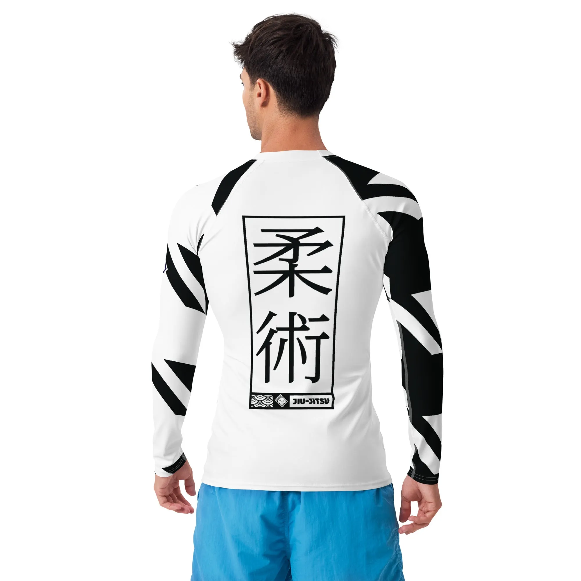 Mens Long Sleeve BJJ Rash Guard - Jiu-Jitsu 023 - Houndstooth 001 Blanc
