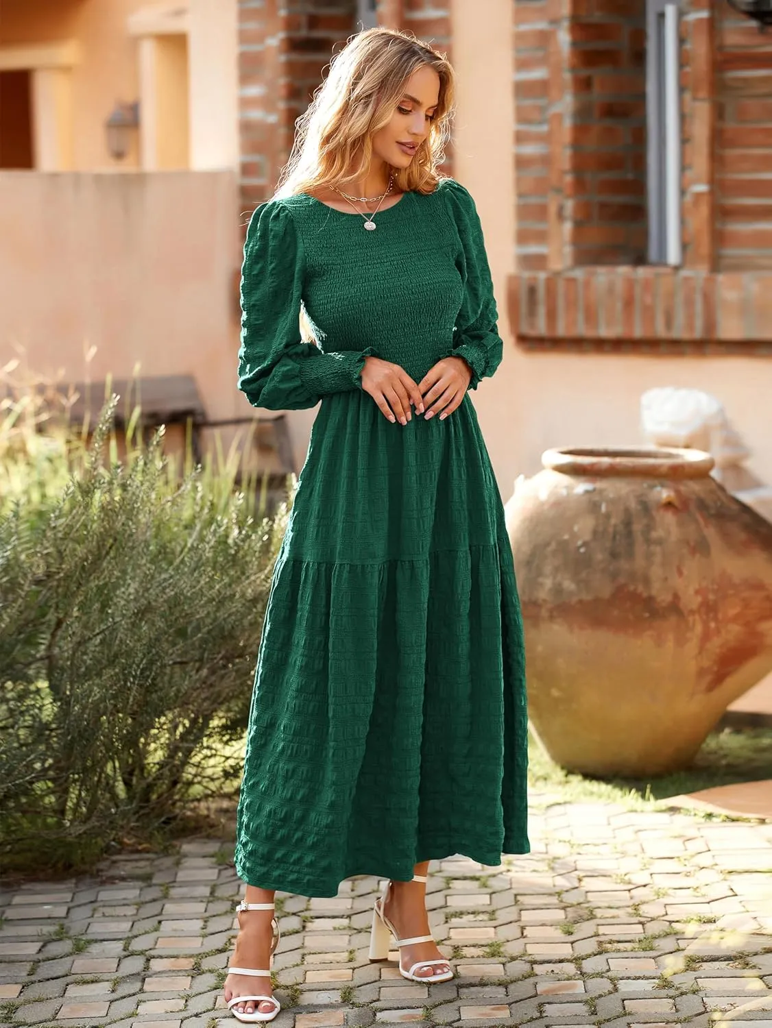 PRETTYGARDEN Women 2025 Spring Puff Long Sleeve Crewneck Smocked Maxi Dress Empire Waist Tiered A-line Swing Flowy Long Dress