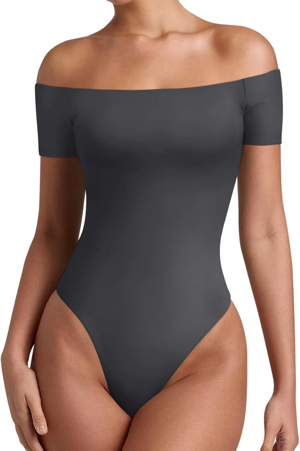 REORIA Women Sexy Off The Shoulder Short Sleeve Backless Basic Double Lined Thong Bodysuit Tops