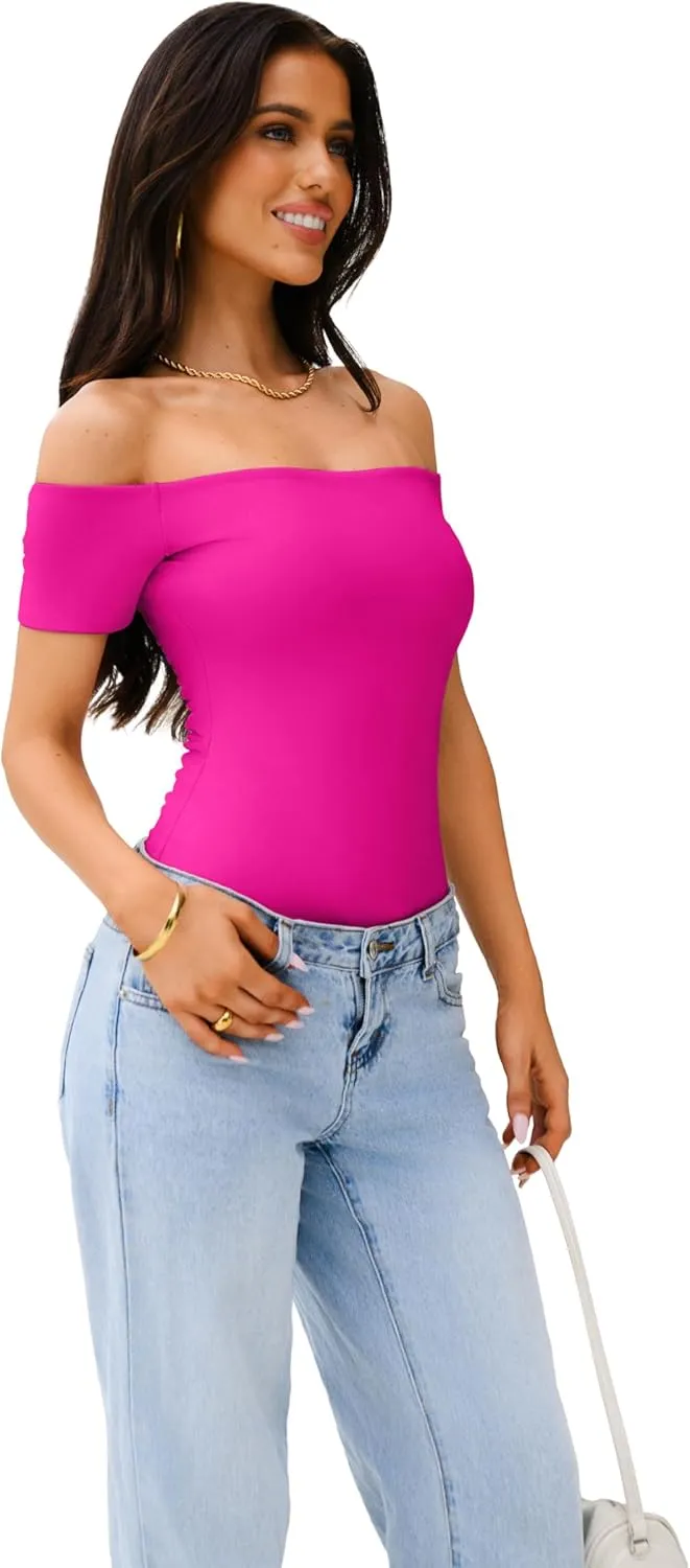 REORIA Women Sexy Off The Shoulder Short Sleeve Backless Basic Double Lined Thong Bodysuit Tops