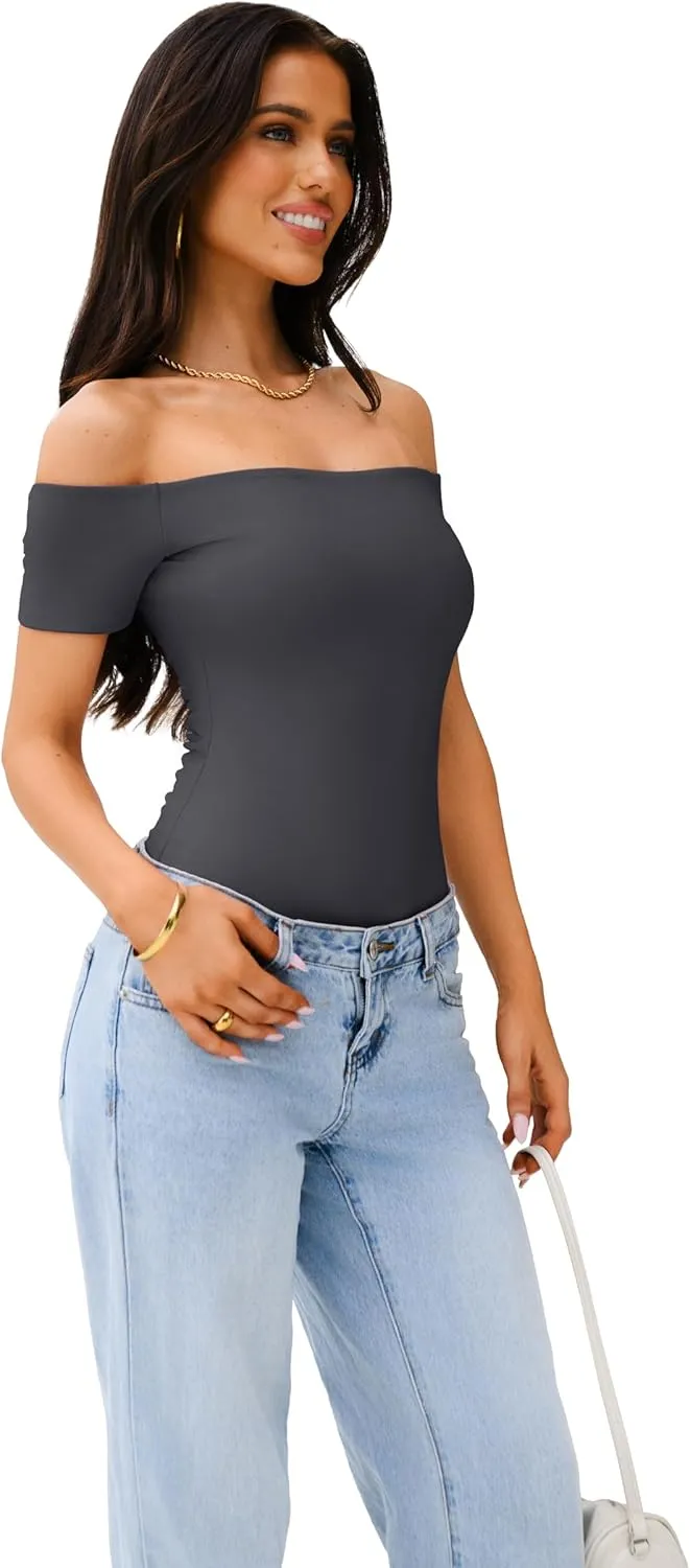REORIA Women Sexy Off The Shoulder Short Sleeve Backless Basic Double Lined Thong Bodysuit Tops