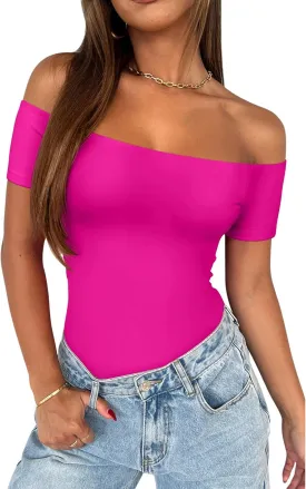 REORIA Women Sexy Off The Shoulder Short Sleeve Backless Basic Double Lined Thong Bodysuit Tops