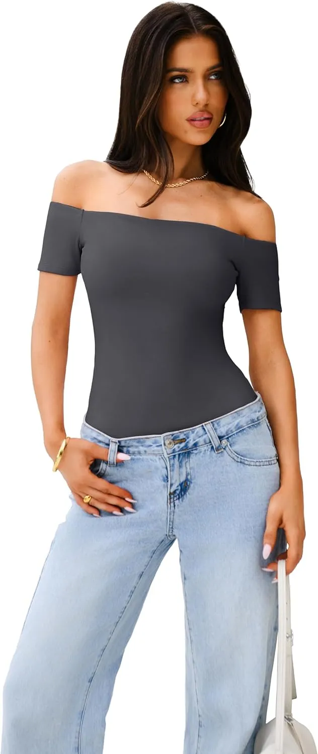 REORIA Women Sexy Off The Shoulder Short Sleeve Backless Basic Double Lined Thong Bodysuit Tops