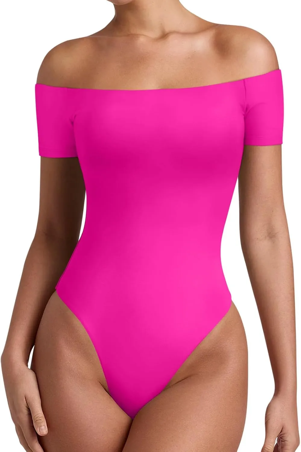 REORIA Women Sexy Off The Shoulder Short Sleeve Backless Basic Double Lined Thong Bodysuit Tops