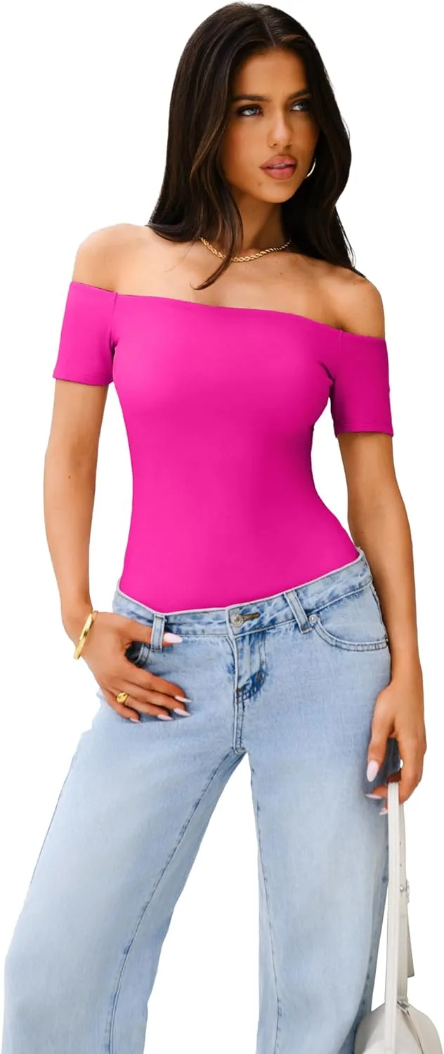 REORIA Women Sexy Off The Shoulder Short Sleeve Backless Basic Double Lined Thong Bodysuit Tops