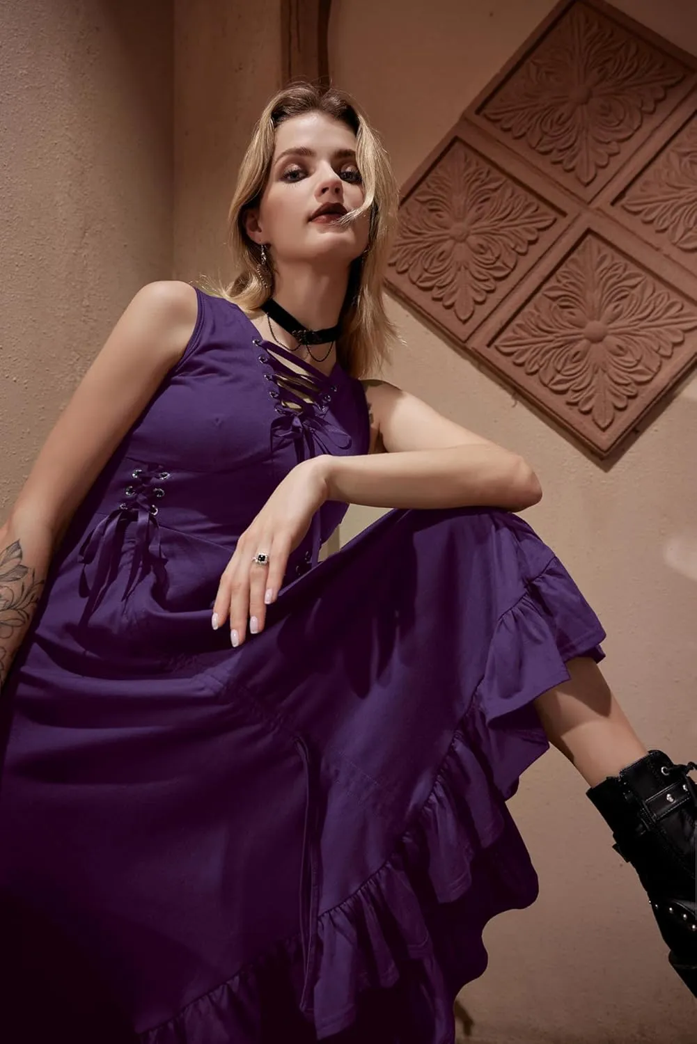 Scarlet Darkness Renaissance Steampunk Dress Lace Up High Low Dress Pirate Costume