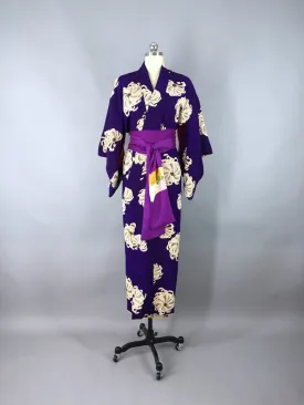 Vintage 1940s Silk Kimono Robe Purple Chrysanthemum