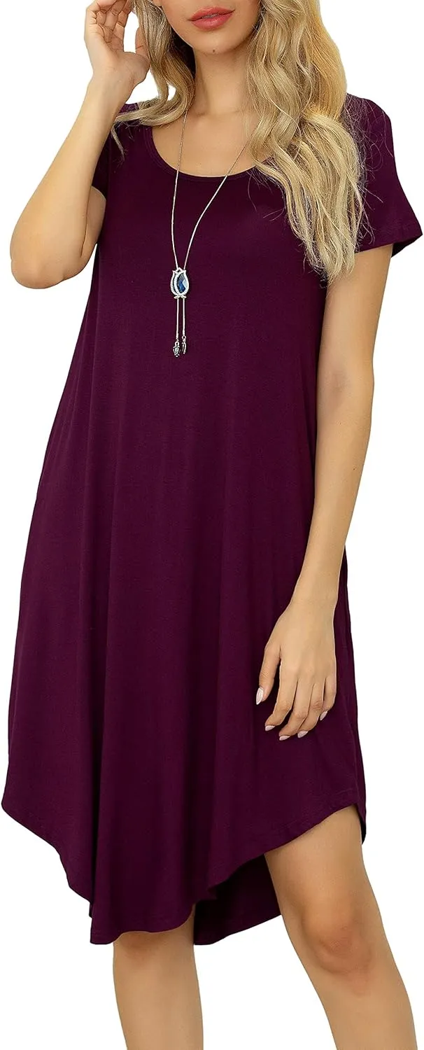 Women Casual Loose Soft Crewneck Short Sleeve Pockets Swing T-Shirt Dress
