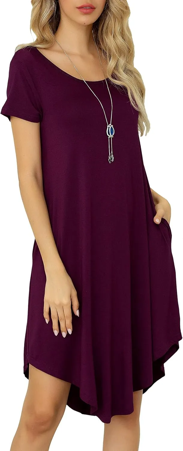 Women Casual Loose Soft Crewneck Short Sleeve Pockets Swing T-Shirt Dress