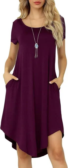 Women Casual Loose Soft Crewneck Short Sleeve Pockets Swing T-Shirt Dress
